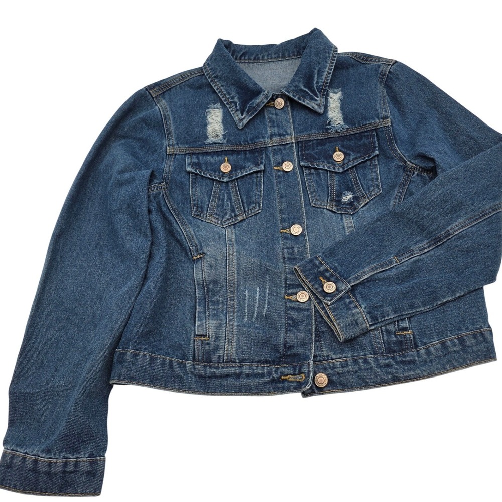 Y2K Denim Jacket Womens Small Blue Distressed Jean‎ Trucker Coat Streetwear
